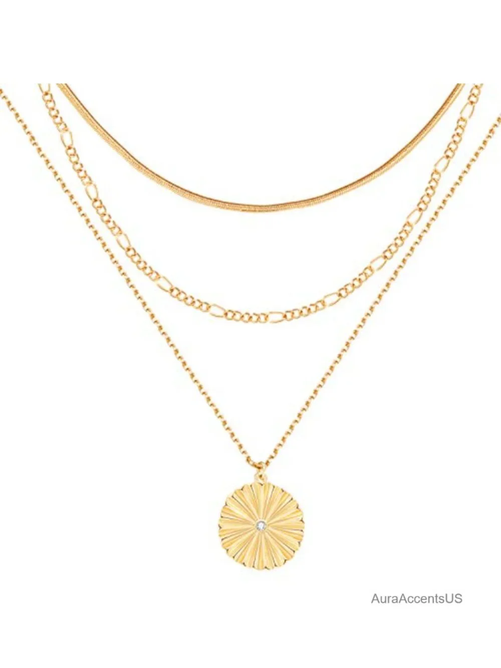 14k Gold Plated Layered Choker Necklace Women Figaro Chain Sunburst Pendant